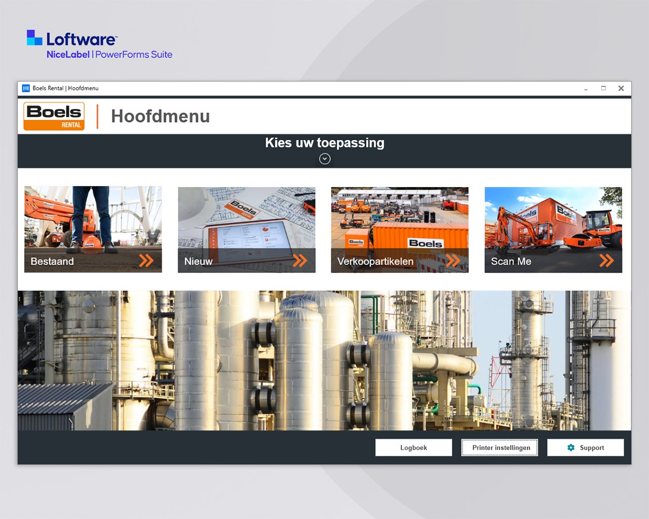 Hoofdmenu van een PowerForms labelapplicatie met keuzes voor bestaande, nieuwe en scanbare labels